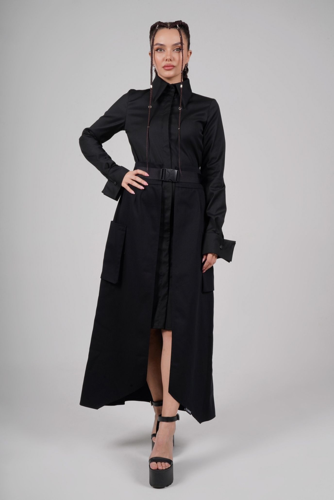 Черная рубашка-платье с высокими разрезами 2