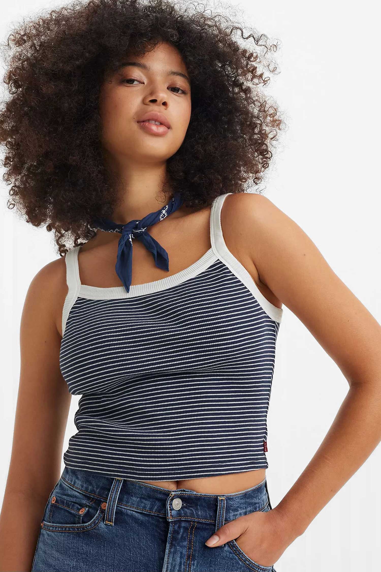 Женская темно-синяя майка в полоску 4