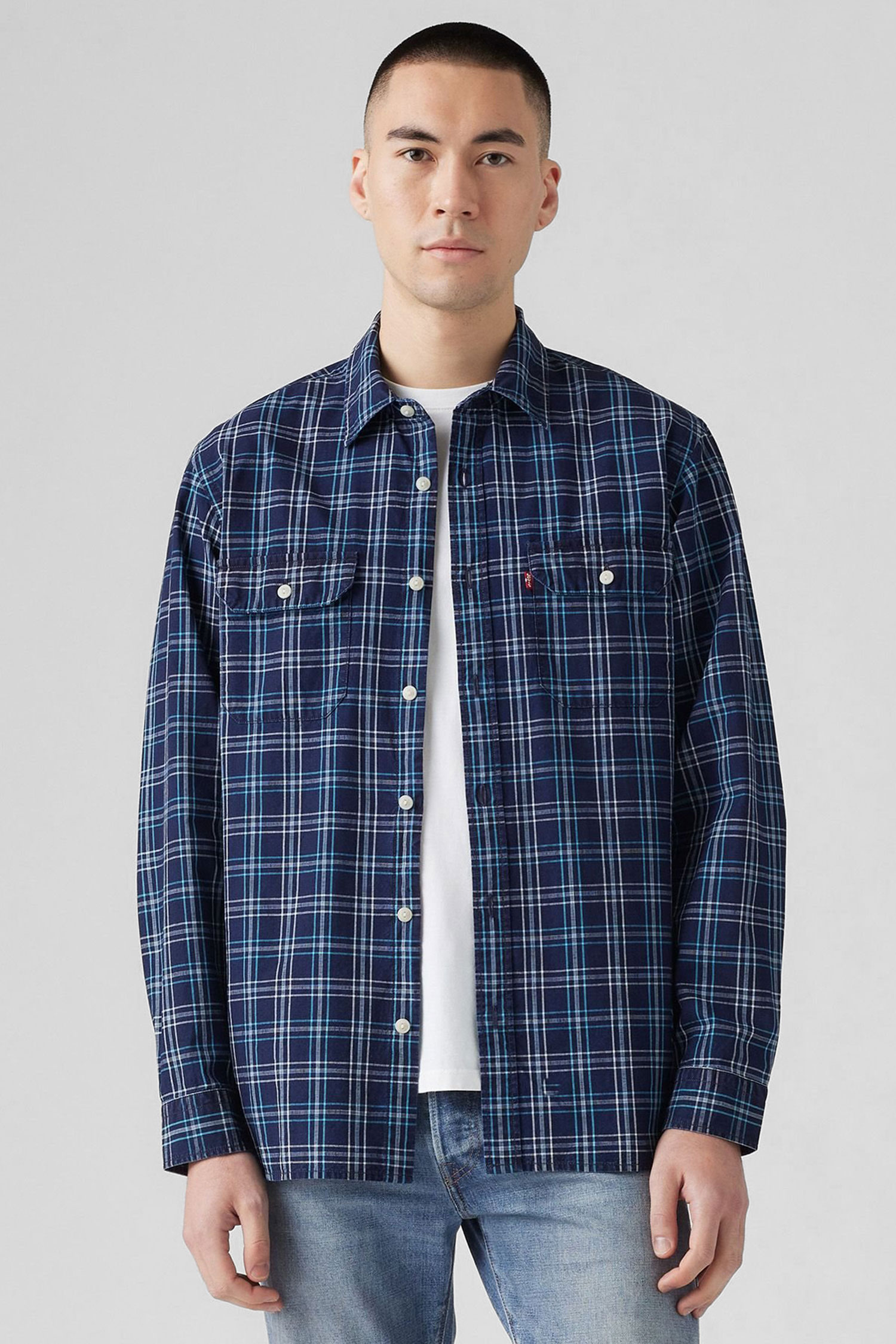 Мужская темно-синяя рубашка в клетку 1