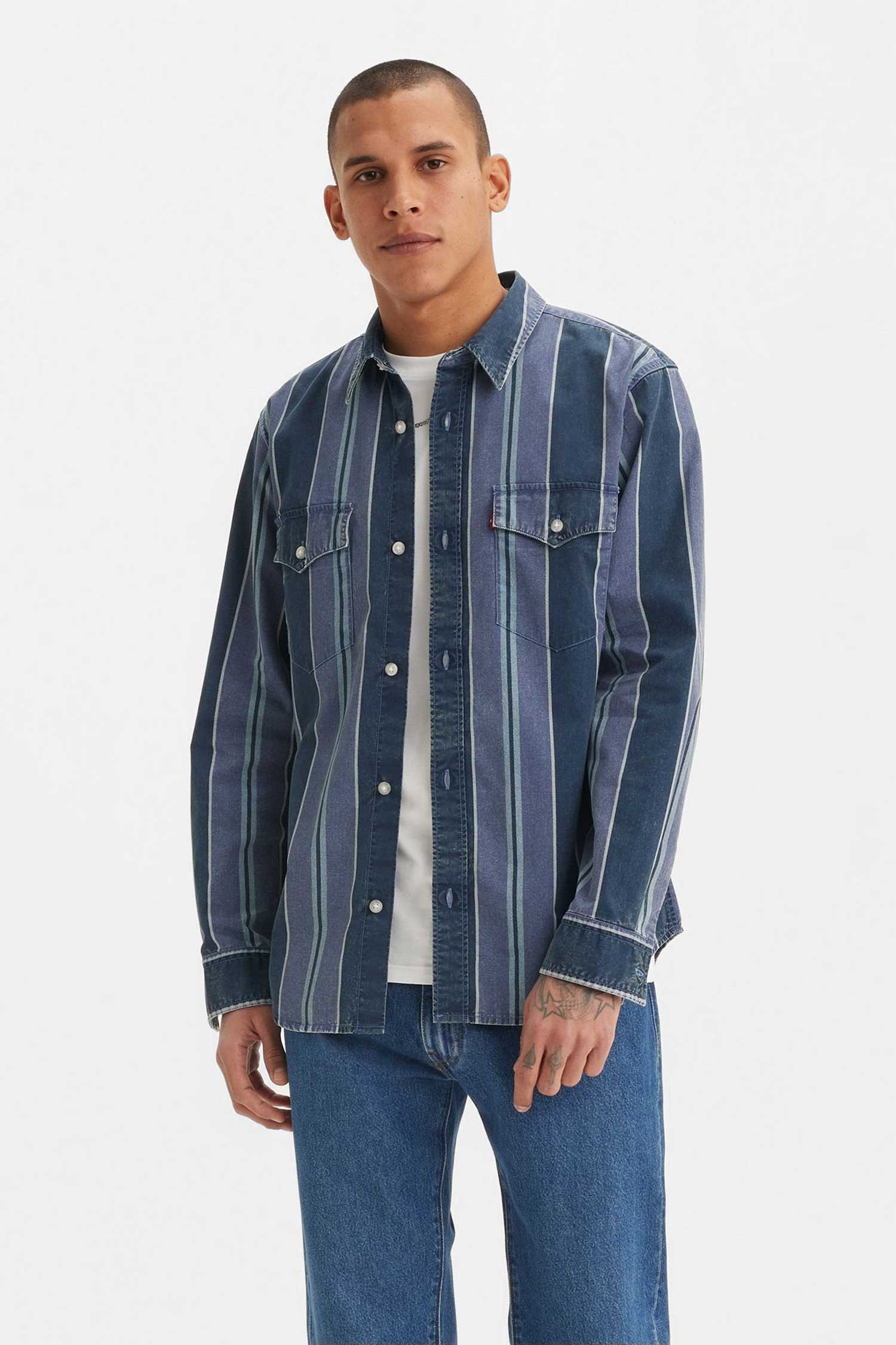 Мужская синяя джинсовая рубашка в полоску 4
